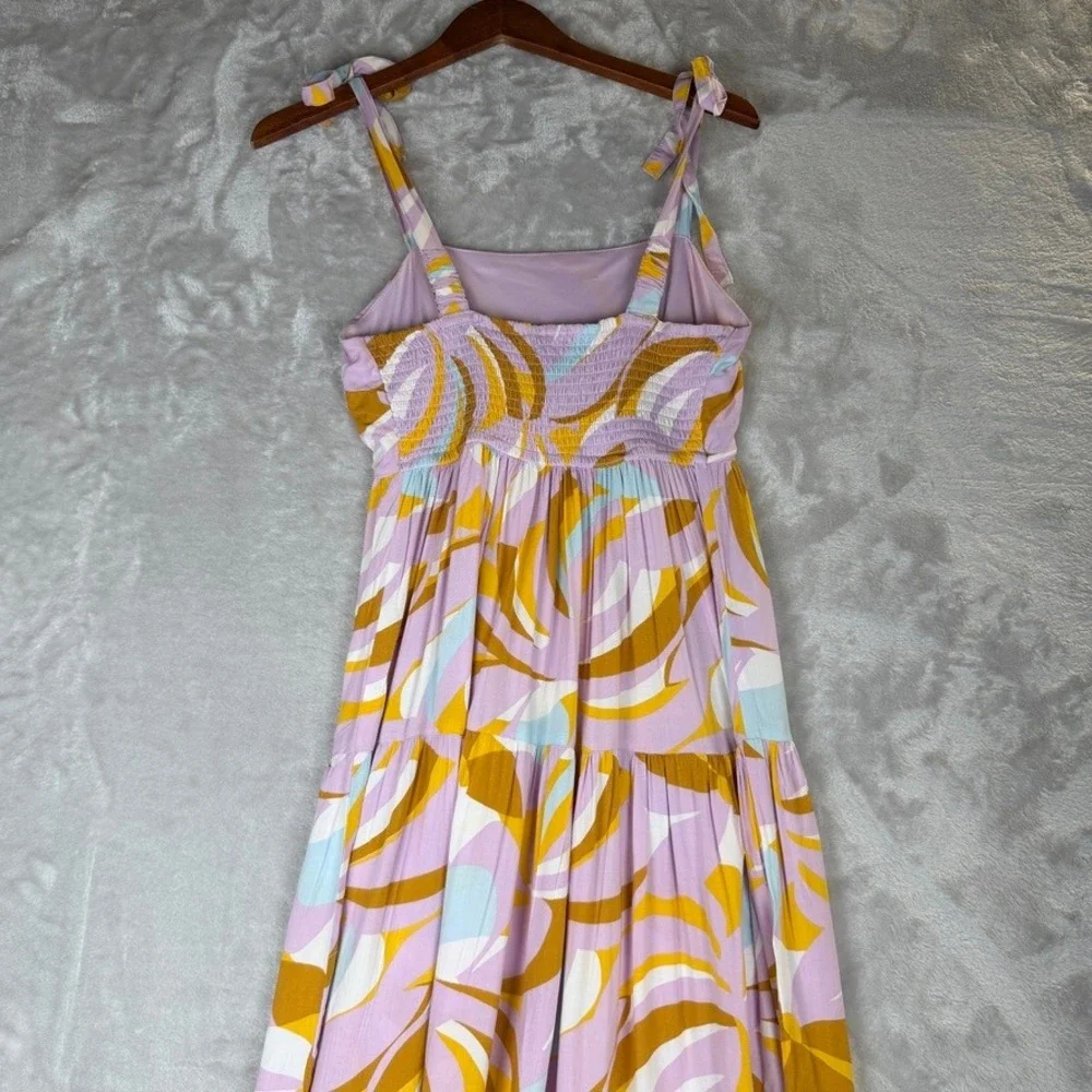spring tiered midi dress print smocked bodice tie‎ straps lavender yellow